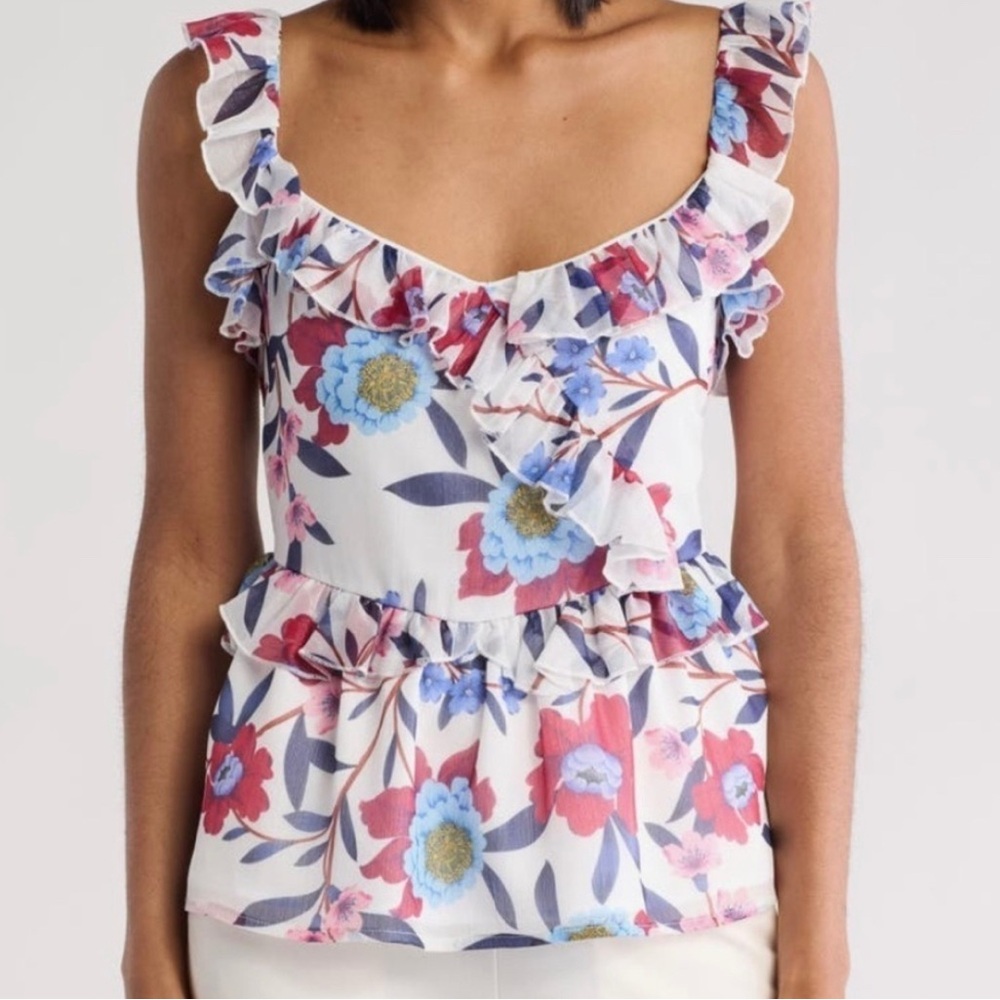 French Connection Floral Ruffle Blouse - Red, Blue, White Sizr 6